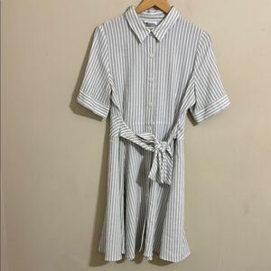 Calvin Klein Gray & White Striped Button Down Short Sleeve A-Line Dress size 14